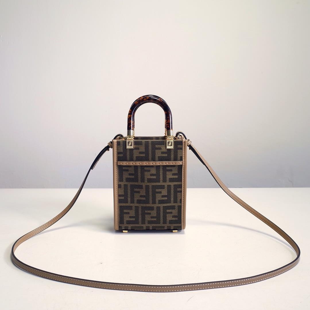 FENDI Sunshine Brown FF Jacquard Pattern Fabric Mini Handbag with Hard Organic Glass HawksbillShell