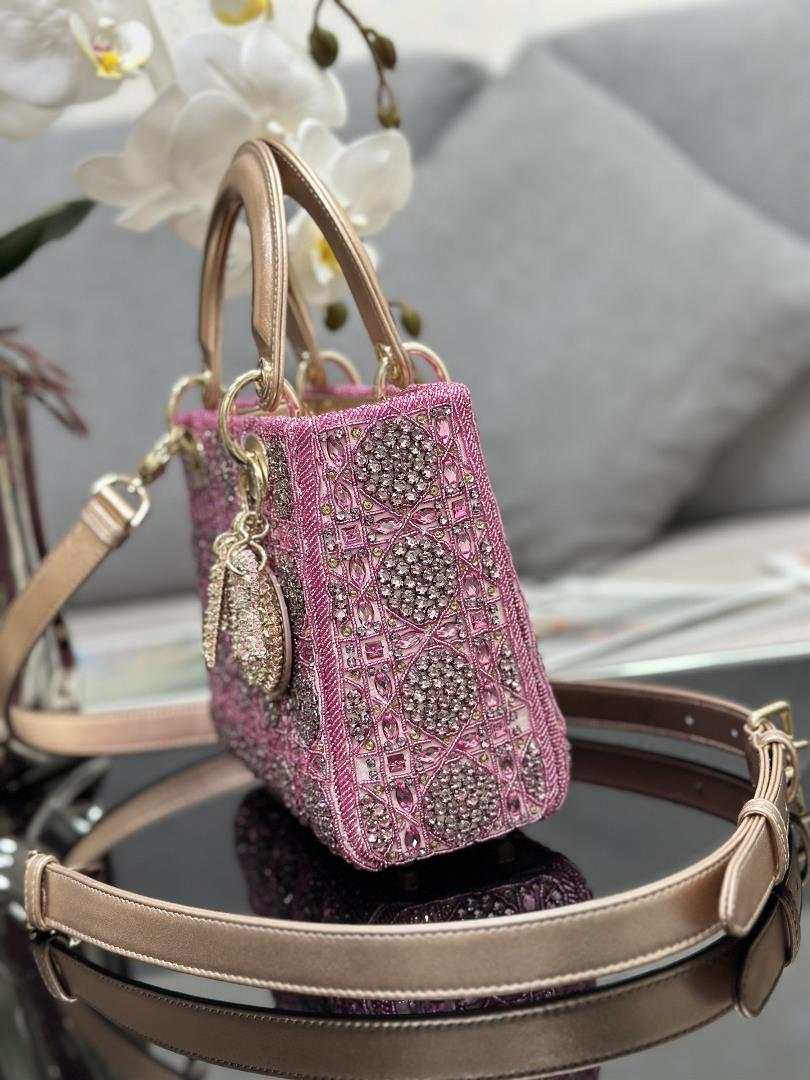 Lady Dior Limited Edition four grid embroidered rhinestone pink with imported sheepskin lining