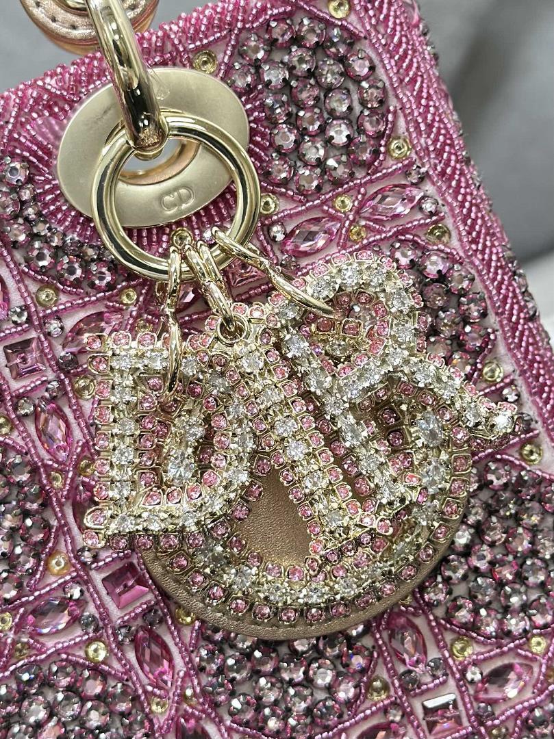 Lady Dior Limited Edition four grid embroidered rhinestone pink with imported sheepskin lining