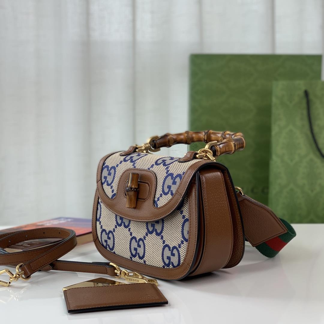 Super Double G Pattern Bamboo Knot Handbag Camel and Blue Super Double G Canvas with Brow