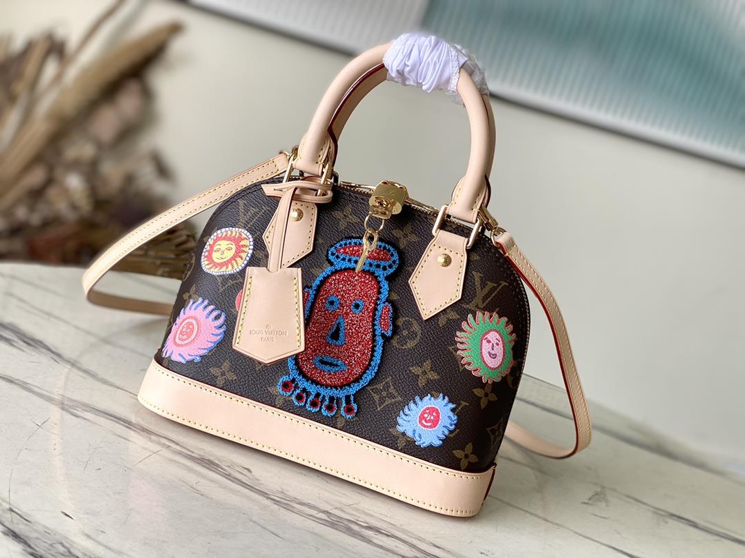 M46428 53152 embroidered flowerThis LV x YK Alma BB handbag interprets the face theme of x Yayoi Kus