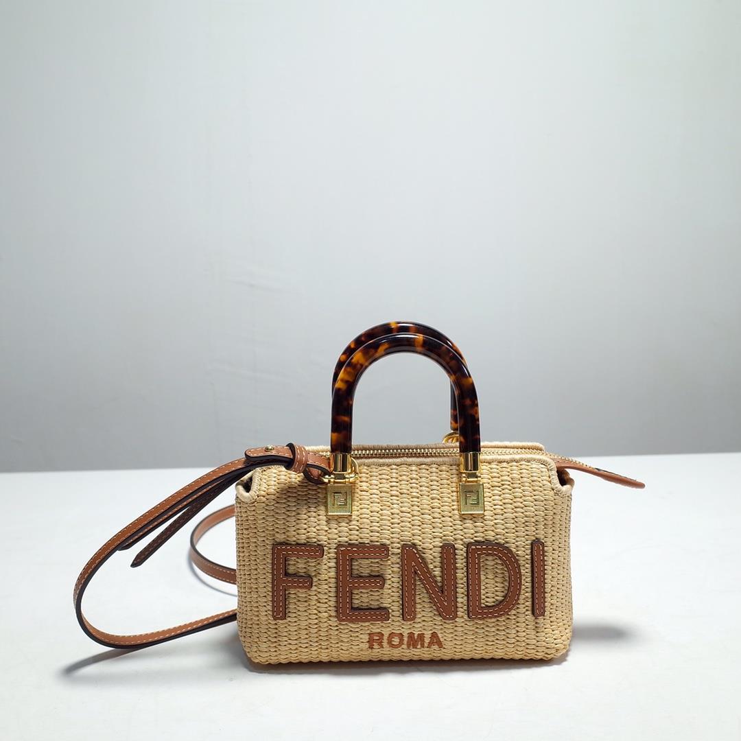 FENDI iconic By The Way Mini Boston handbag made of natural grass woven material showcasing mossSe