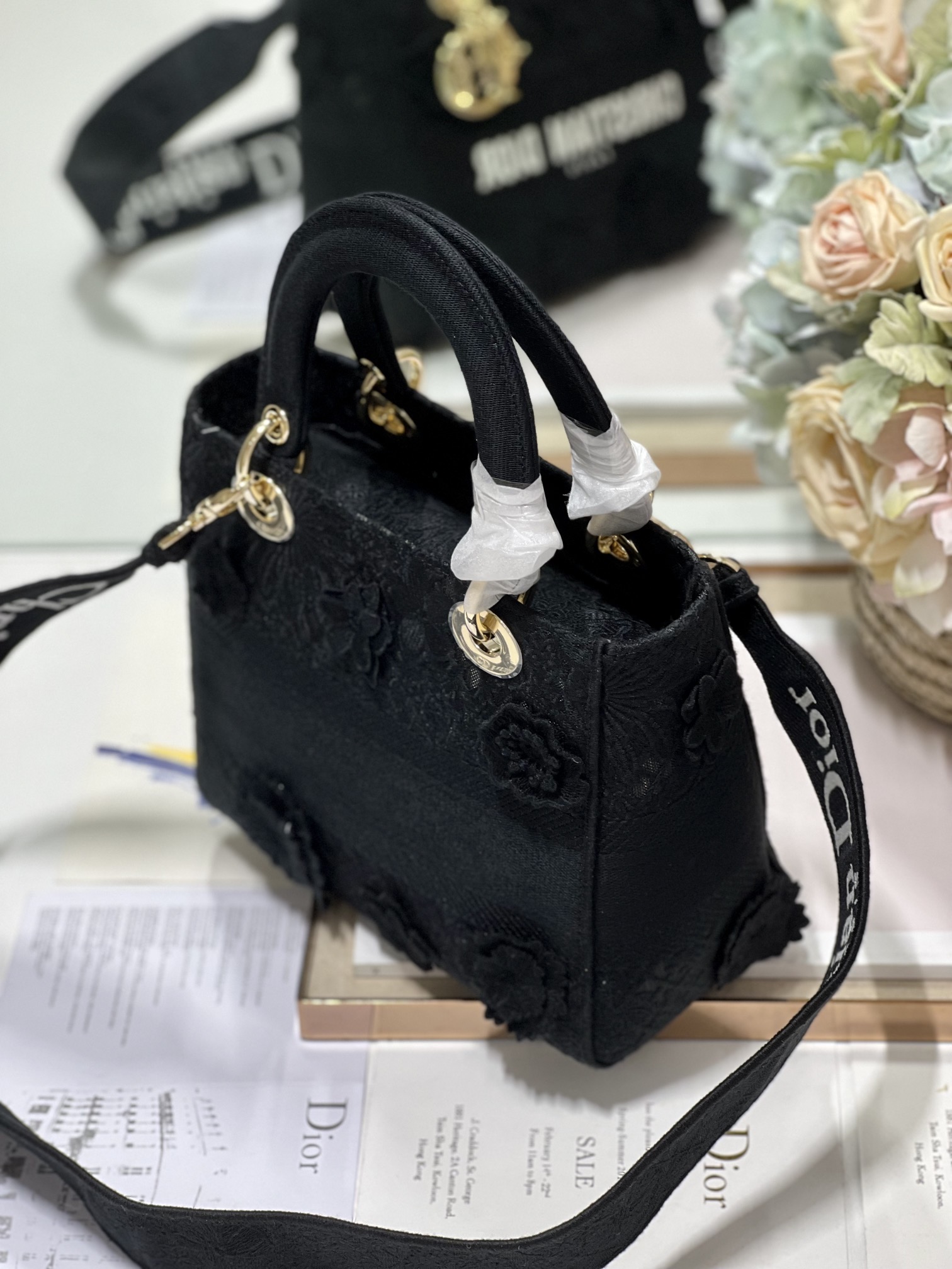 Fish silk black five grid embroidered Princess L embroidered Princess bag Cs D logo is fashion