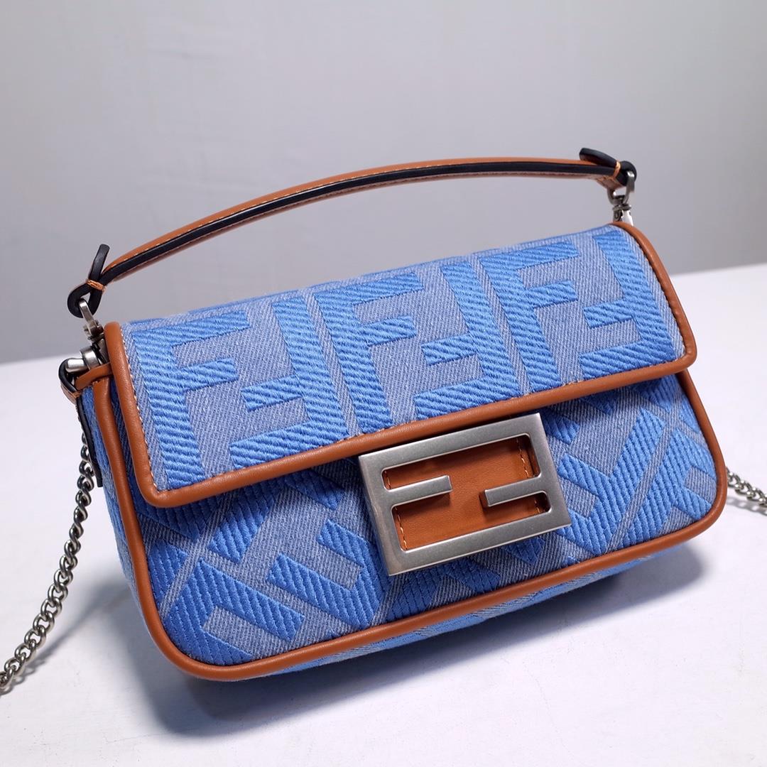 signature Baguette mini handbag made of Baby blue Denim decorated with the same color embossmentFF