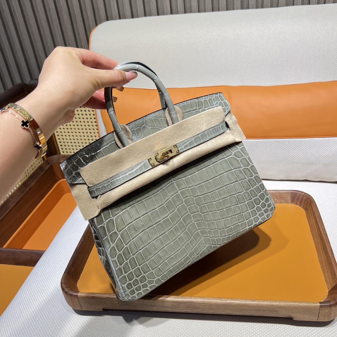 Birkin 25cm Nile crocodile Platinum 25cm 81 Turtledove Grey Grid Tourterelle Gold Buckle combi