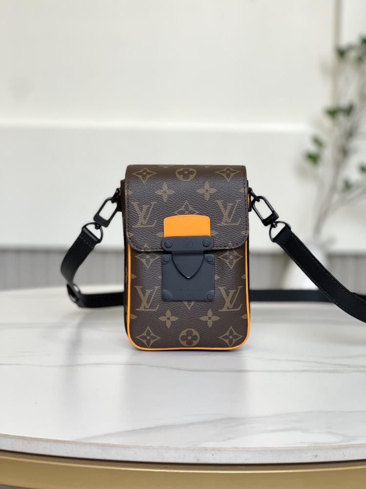 M82535 phone case The S Lock Vertical mini handbag features iconic Lock buckles showcasing Louis Monogram Macassar canvas with bright leather detail