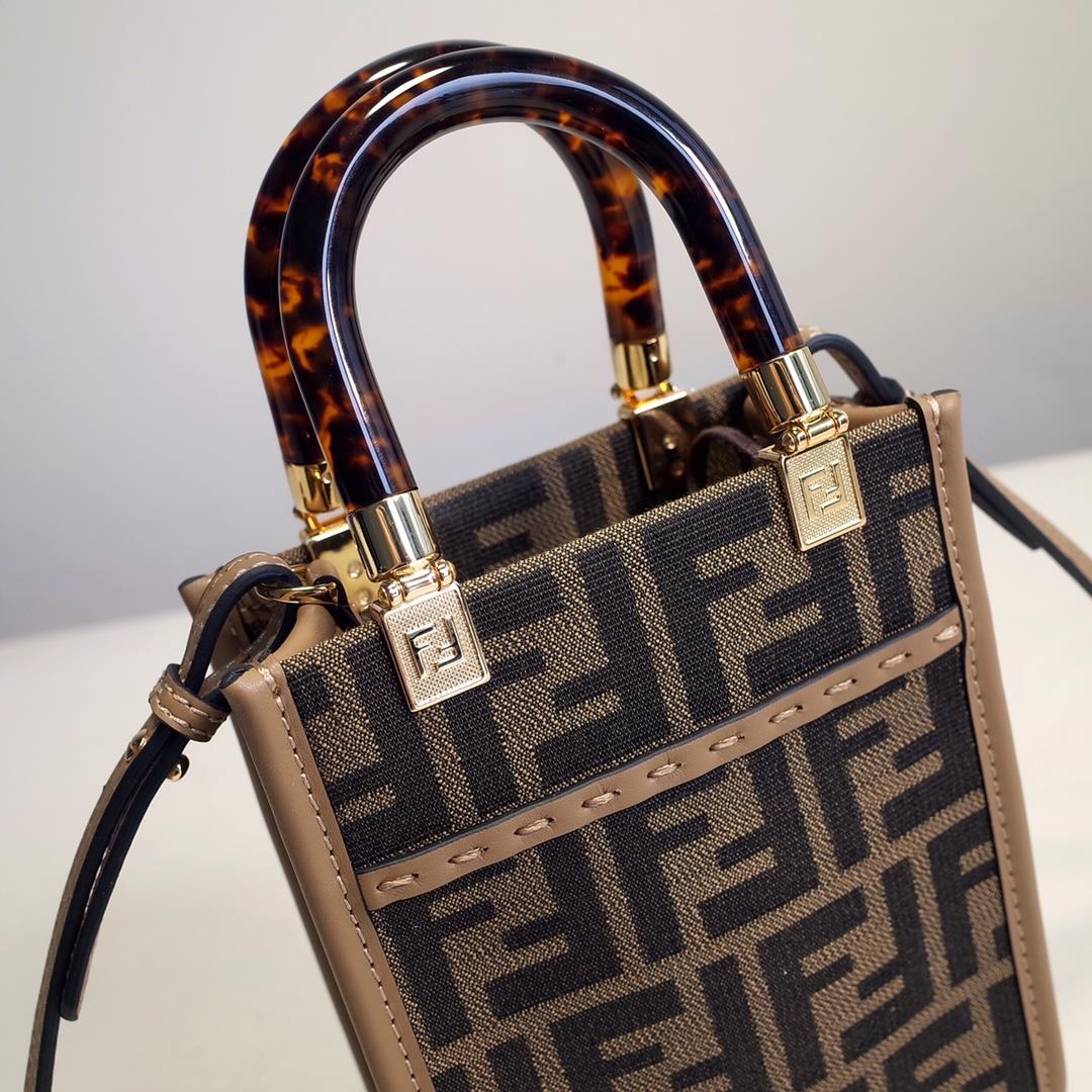 FENDI Sunshine Brown FF Jacquard Pattern Fabric Mini Handbag with Hard Organic Glass Hawksbill