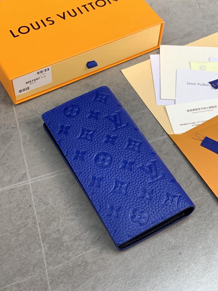 The M61697 Deep Blue Brazza wallet features a soft Taurillon leather embossed Monogram pat