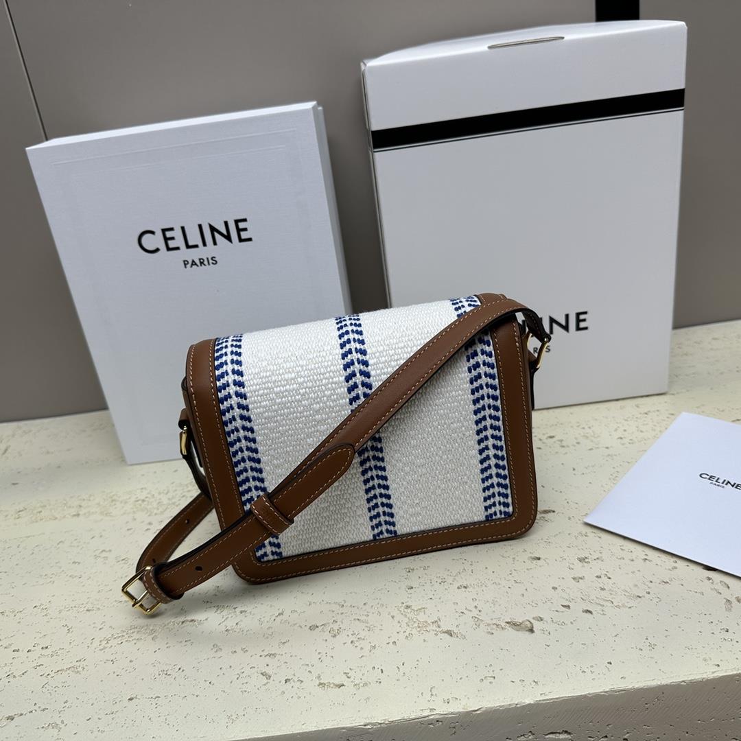 celines new TRIOMPHE blue and white fabric with calf leather shoulder backpack gold metal part