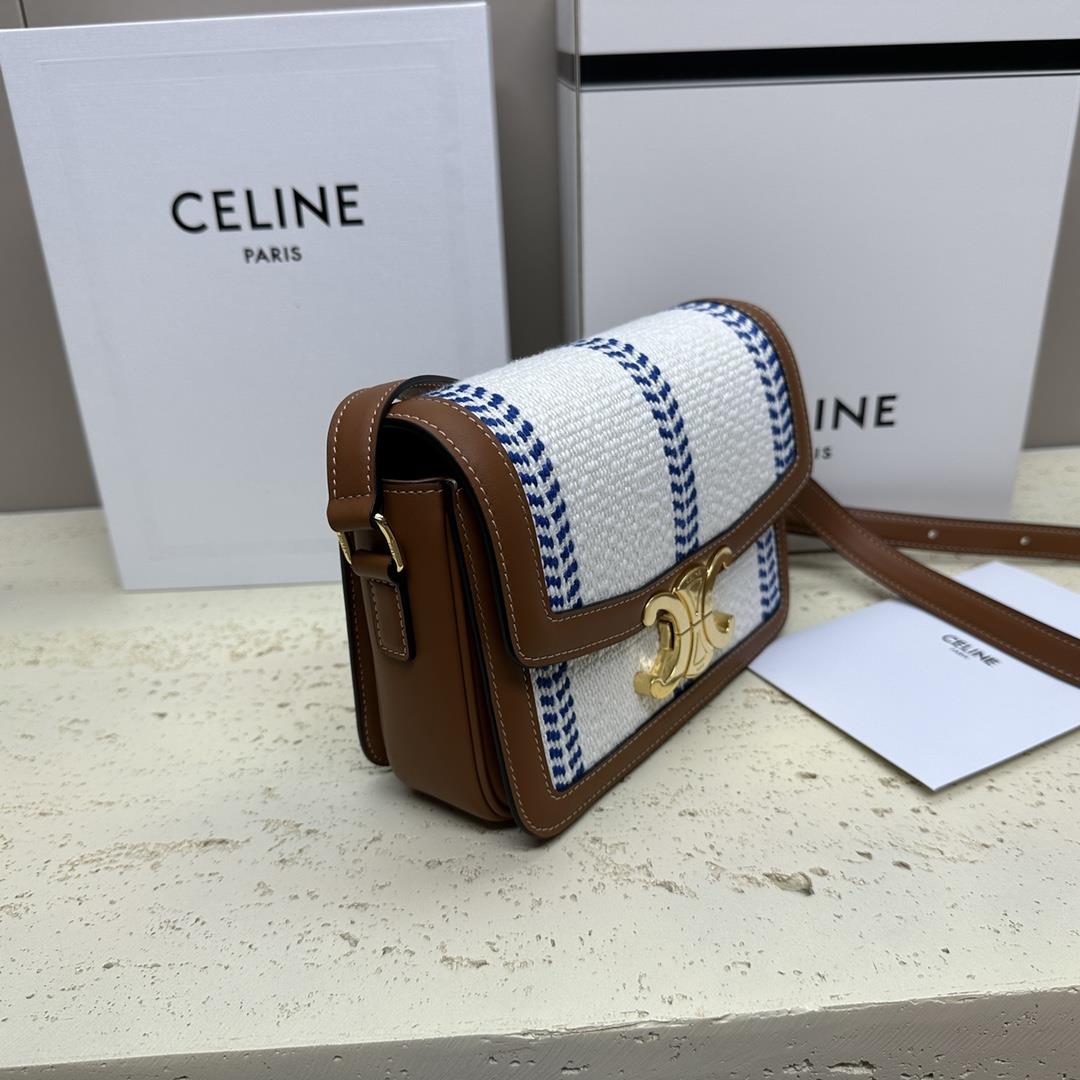 celines new TRIOMPHE blue and white fabric with calf leather shoulder backpack gold metal part