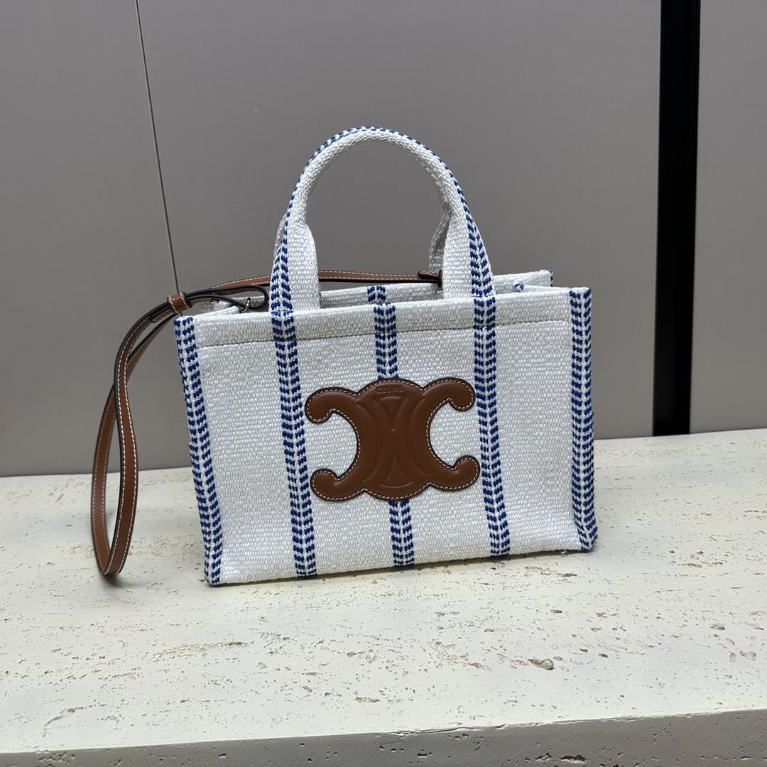 celines new CABAS THAIS printed fabric handbag with linen and blue stripes This model cannot accommo