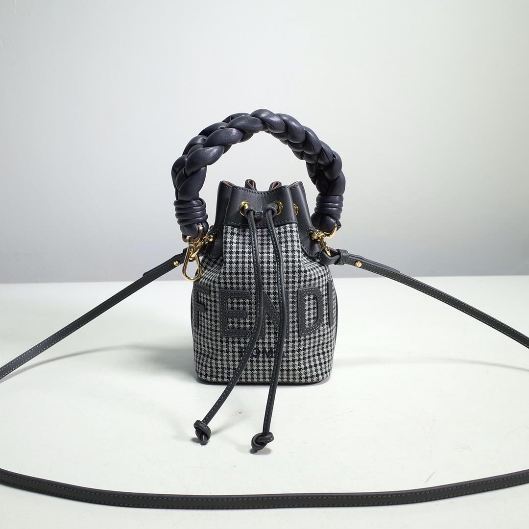 Mon Tresor small bucket bag gray Houndstooth pattern wool material decorated with FENDIROMA letterin