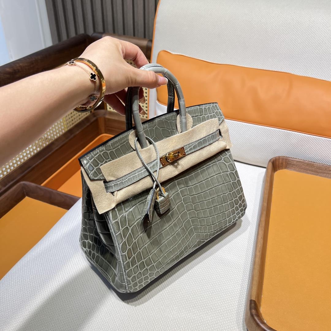 Birkin 25cm Nile crocodile Platinum 25cm 81 Turtledove Grey Grid Tourterelle Gold Buckle combi