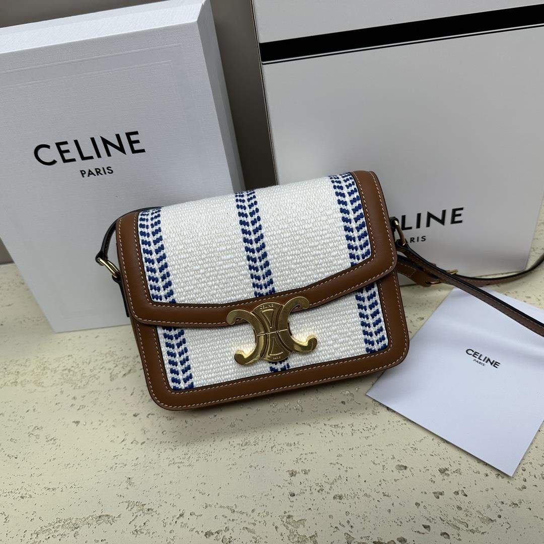 celines new TRIOMPHE blue and white fabric with calf leather shoulder backpack gold metal parts bras