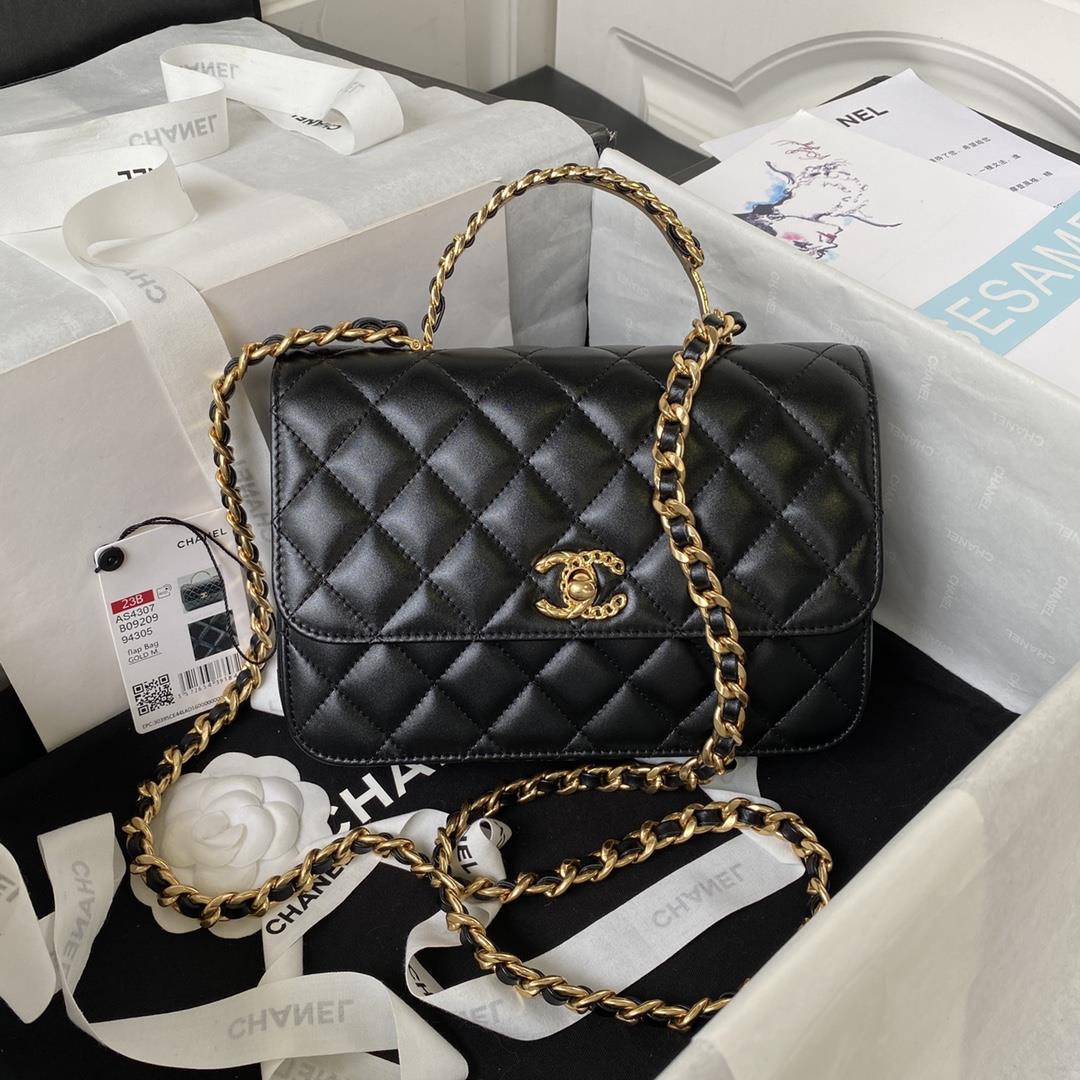 Chanel23B new black gold handle AS4307 leather chain and diamond checkered mandarin duck buckleWhat