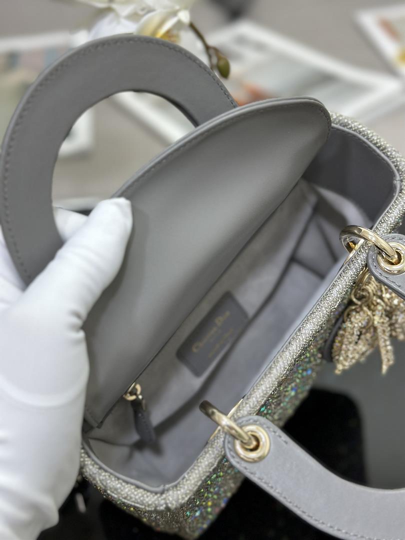 Lady Dior Limited Edition with four embroidered rhinestone gray accents and imported sheepskin