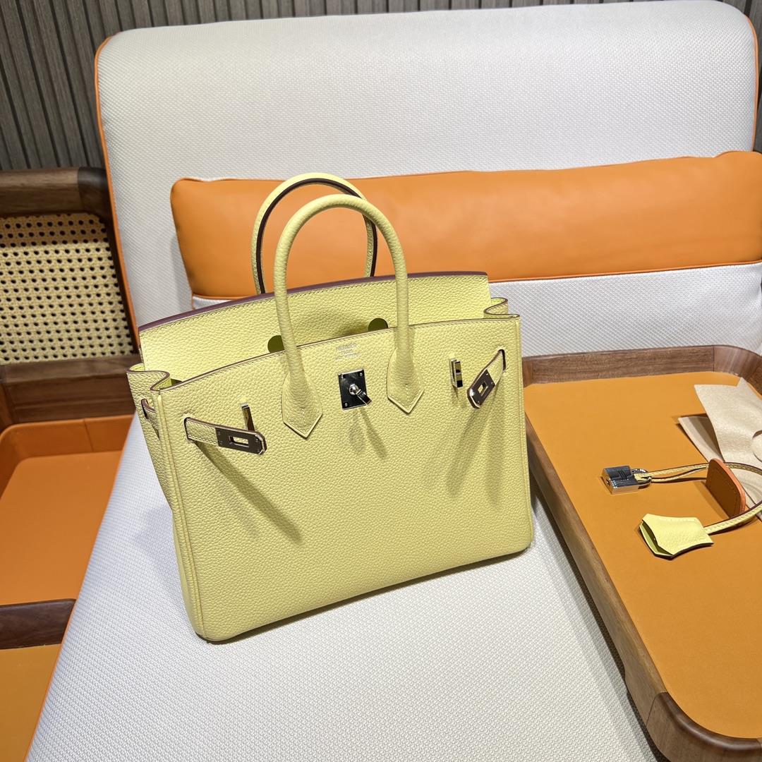 Birkin 25 Platinum togo 1z Chicken Yellow Jaune Poussin Inner Seam Silver Button Purchase Leve