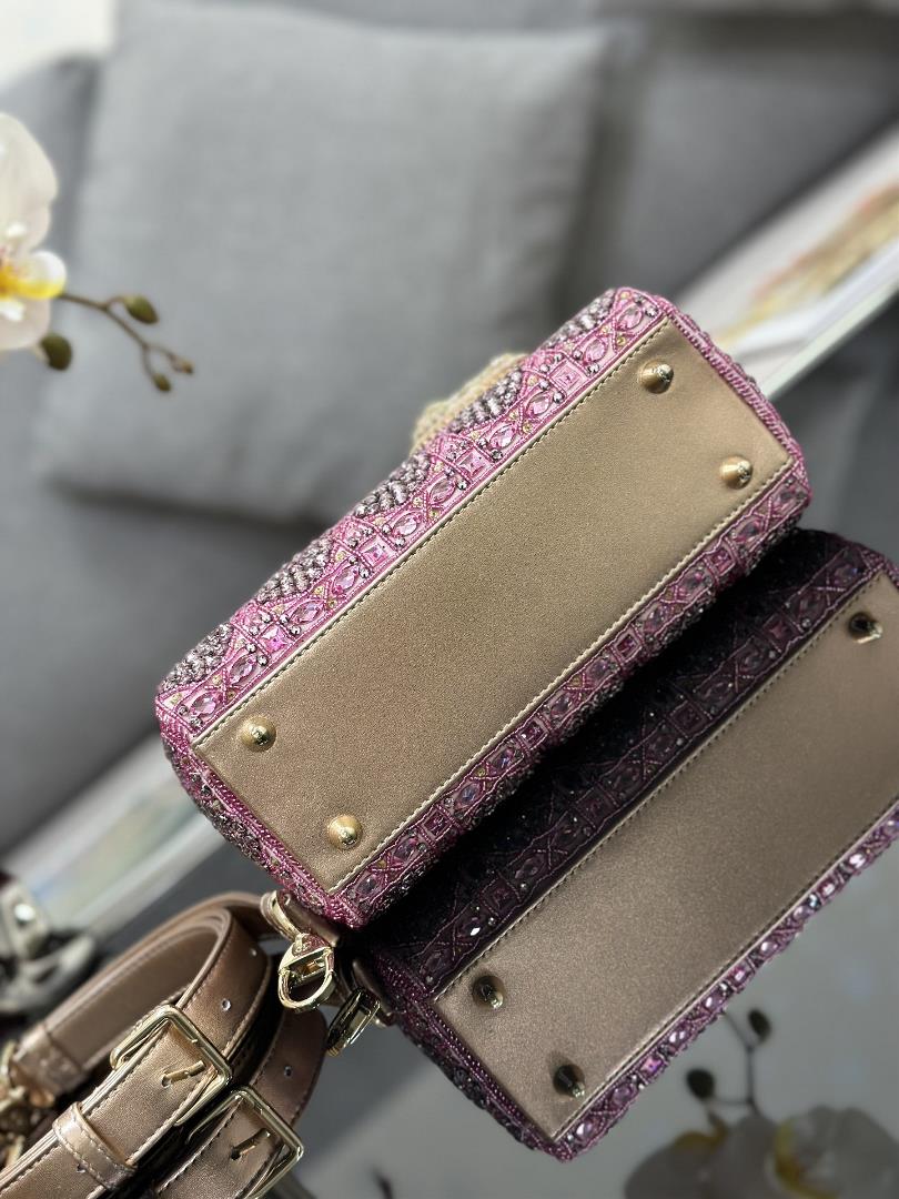 Lady Dior Limited Edition four grid embroidered rhinestone pink with imported sheepskin lining