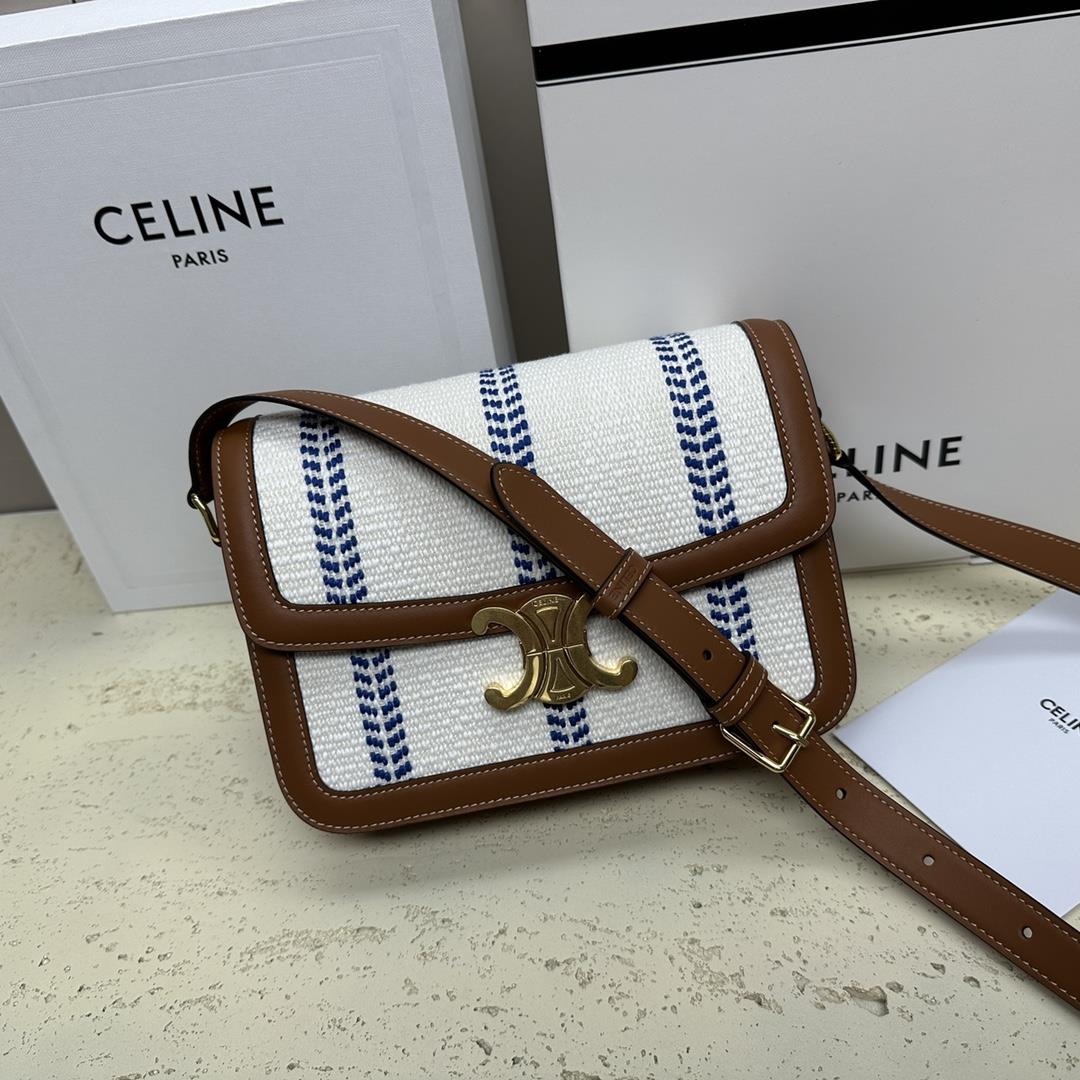 celines new TRIOMPHE blue and white fabric with calf leather shoulder backpack gold metal parts bras