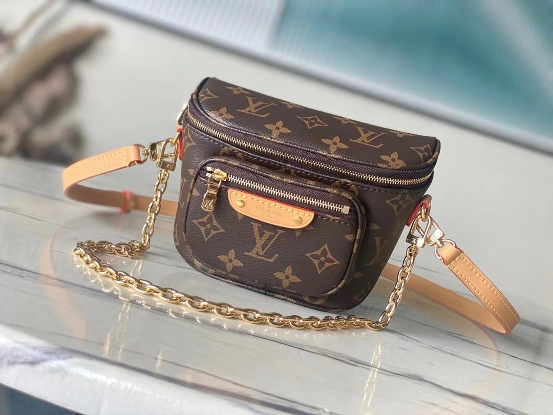 The toplevel original M82335 Mini Bumbag handbag is made of Monogram canvas showcasing a gentle inte