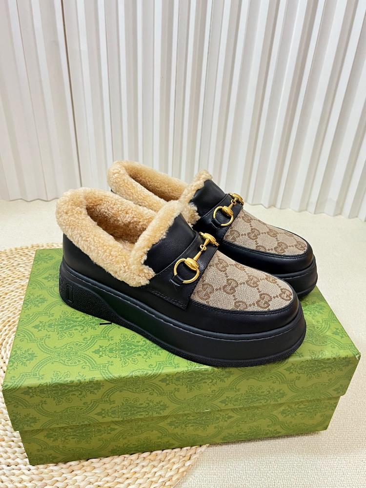 Factory top qualityGucci Winter New Nu Sheep Leather and Wool Integrated Snow Boots Wool Shoes Jacquard Fabric Logo Cowhide Imported Wool Inner L