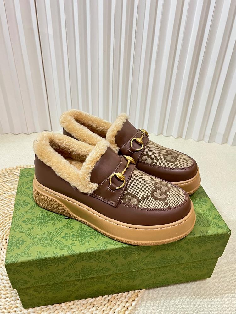 Factory top qualityGucci Winter New Nu Sheep Leather and Wool Integrated Snow Boots Wool Shoes Jacquard Fabric Logo Cowhide Imported Wool Inner L