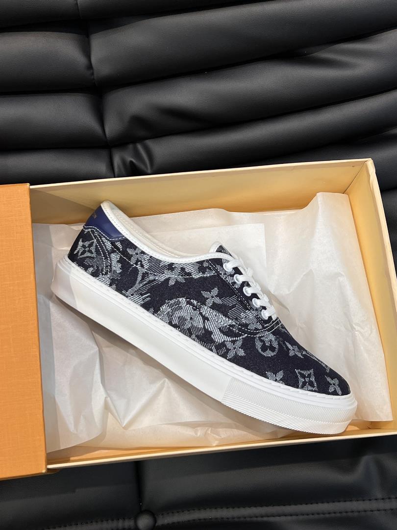 L V Ollie mens casual lace up board shoes with a Monogram printed denim fabric upper and calf 