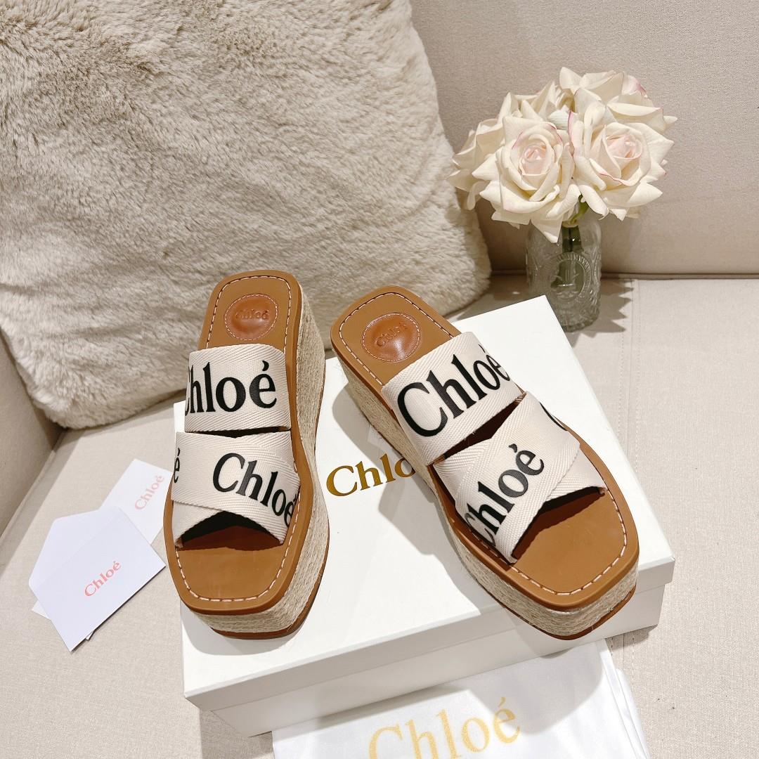 Womens shoes and clothing chloe Fabric Golden Classic Embroidered LOGO Slippers Fabric de