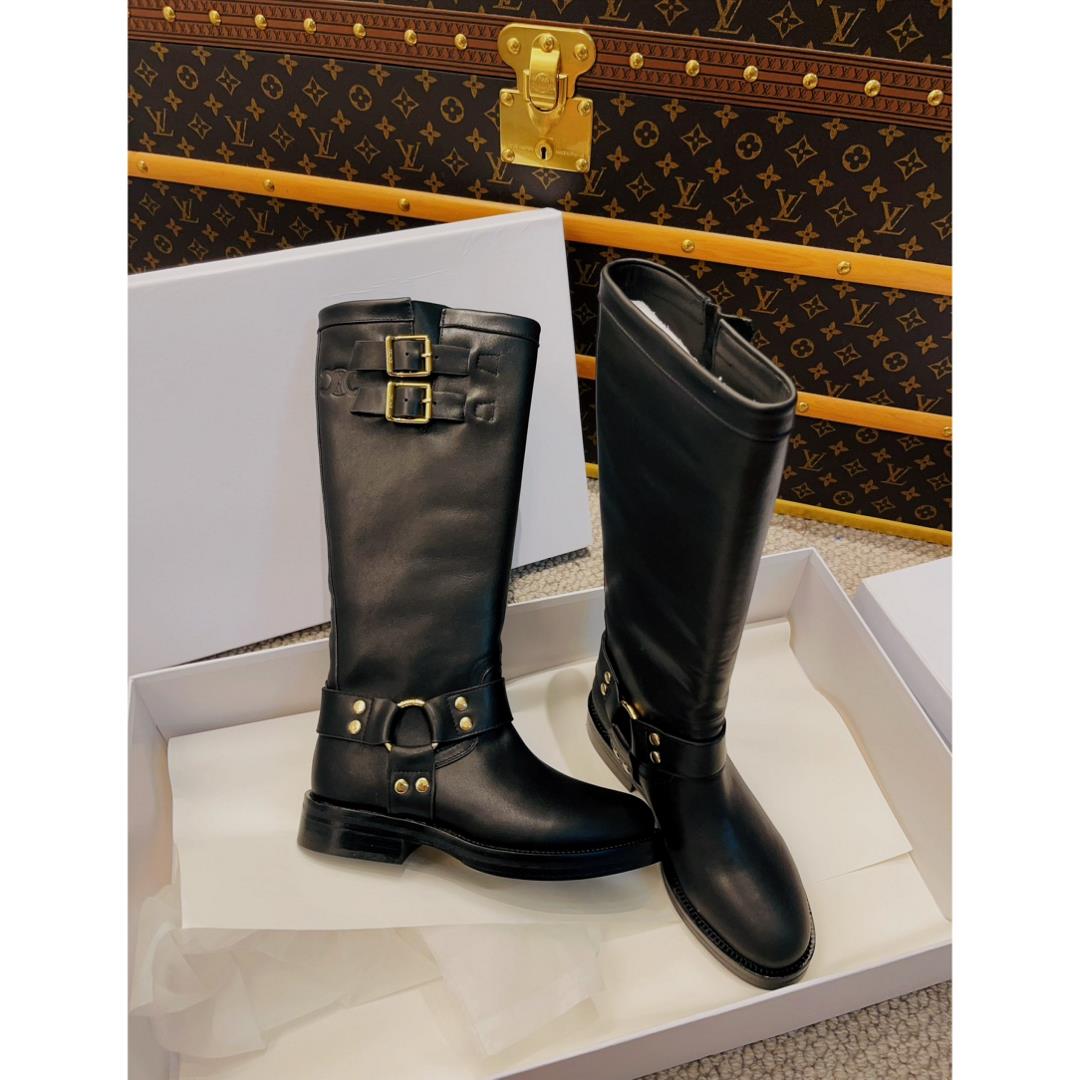 celine 2023ss Autumn And Winter New Trostarium Press Logo Double Round Round Tuto Retro Knight Boots