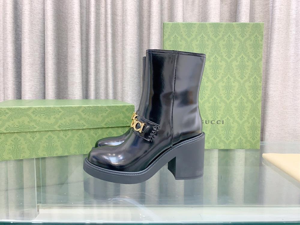 Bright surface  Gucci  Counter New Metal Letter Buckle High Heel Ankle Boots This womens