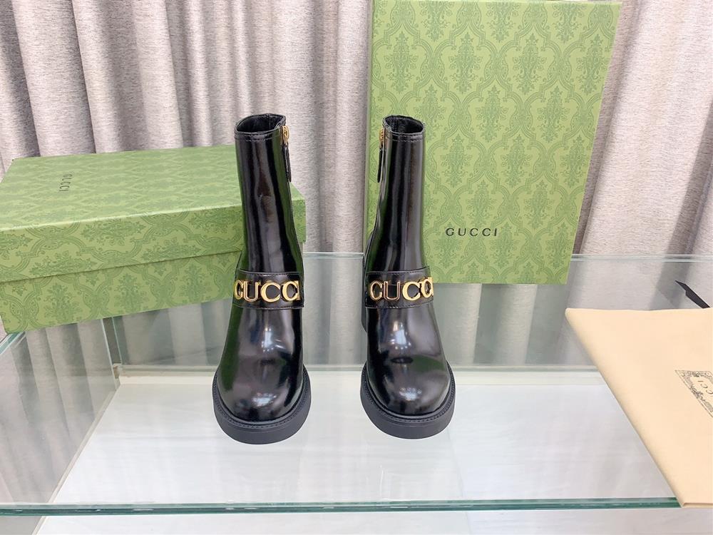 Bright surface  Gucci  Counter New Metal Letter Buckle High Heel Ankle Boots This womens