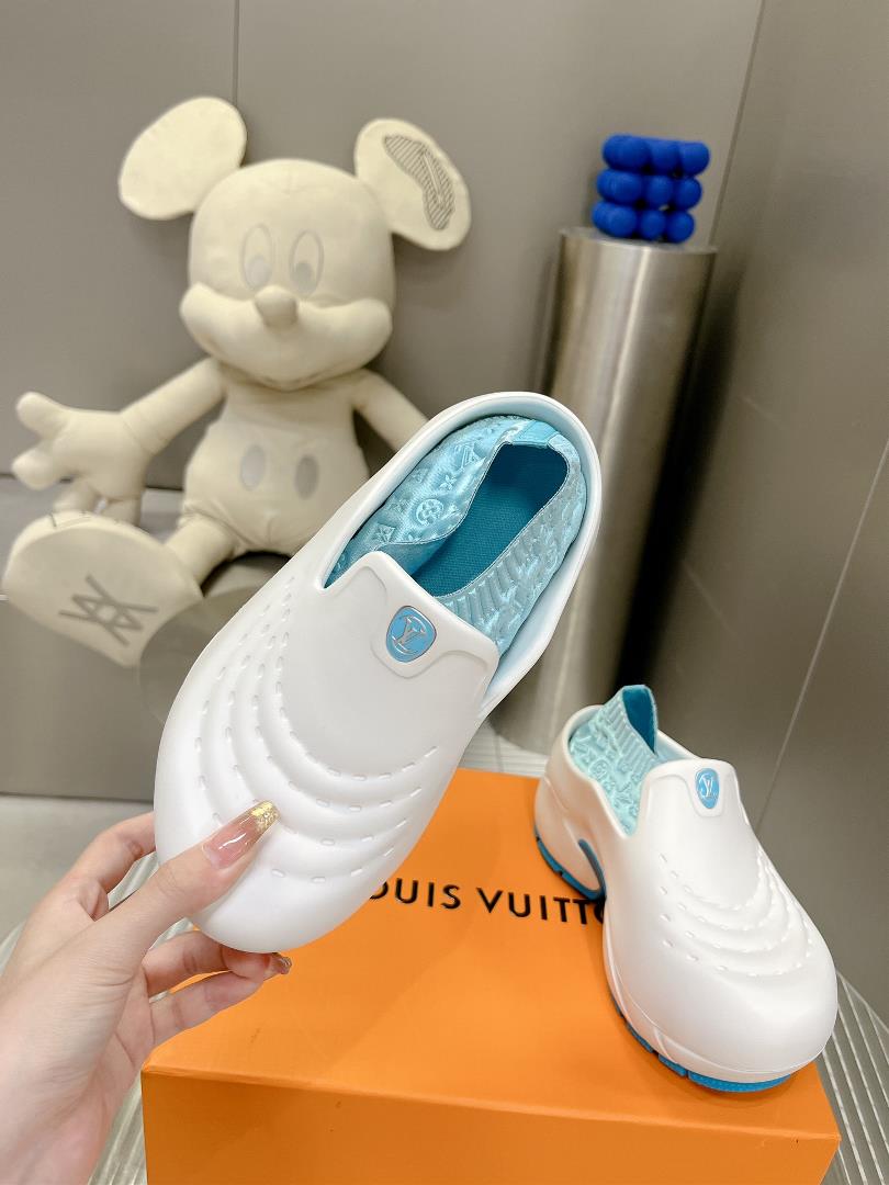 The shoe that debuted in the 2023 fashion show is named Louis Vuitton Shark Clog The shell mat