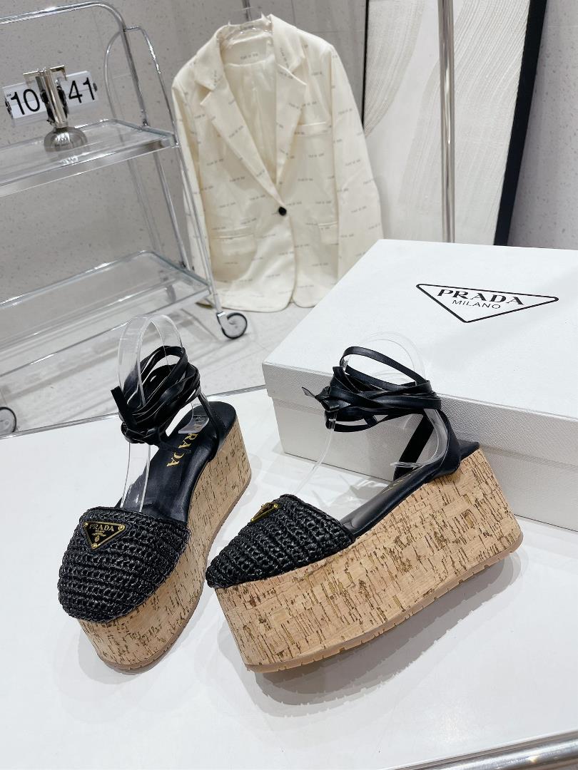 The latest original prada Prada new roman woven wood grain thick soled sandals are release